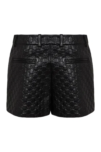 Gucci Leather Shorts With Gg Embossing In Black