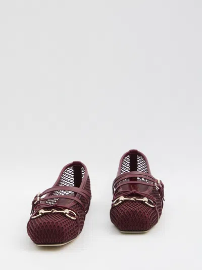 Gucci Net Nappa Triple-strap Horsebit Ballerina Flats In Brown