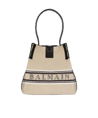 Balmain Release Bucket Bag In Canvas And Calfskin In Sand