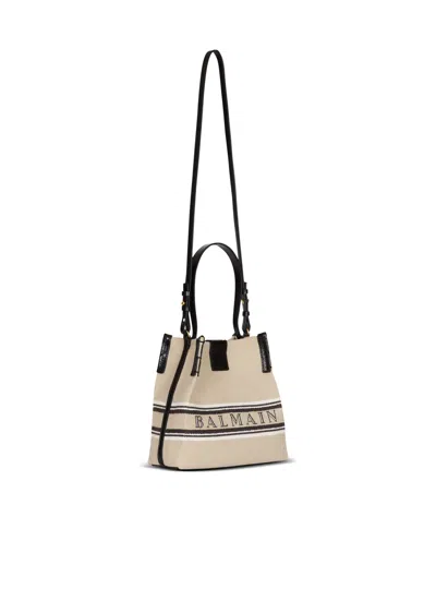Balmain Release Bucket Bag In Canvas And Calfskin In Sand