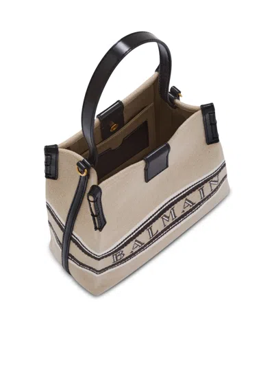 Balmain Release Bucket Bag In Canvas And Calfskin In Sand