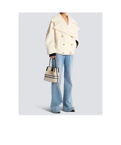 Balmain Release Bucket Bag In Canvas And Calfskin In Sand