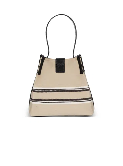 Balmain Release Bucket Bag In Canvas And Calfskin In Sand