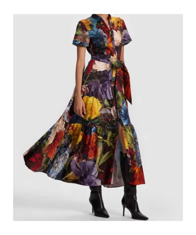 Alice And Olivia Flourish Lucy Roll-sleeve Midi Dress In Multi