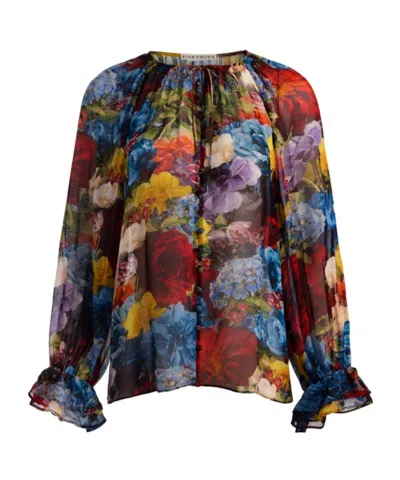 Alice And Olivia Flourish Josephine Split-neck Blouse In Multi