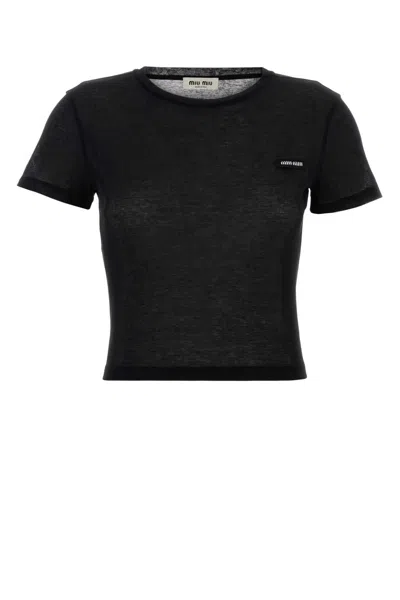 Miu Miu Cotton T Shirt Crew Neck Cropped Sheer In Black