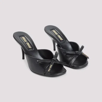 Miu Miu Lamb Leather Slippers Bow Open Toe Stiletto In Black