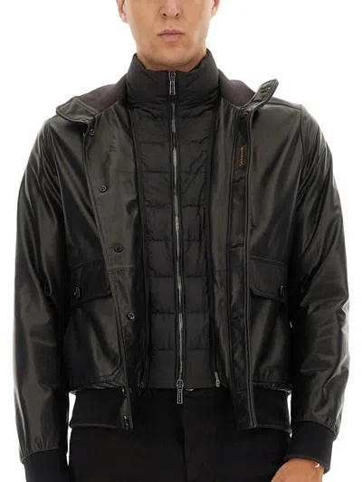 Moorer Leather Bomber Jacket In Black