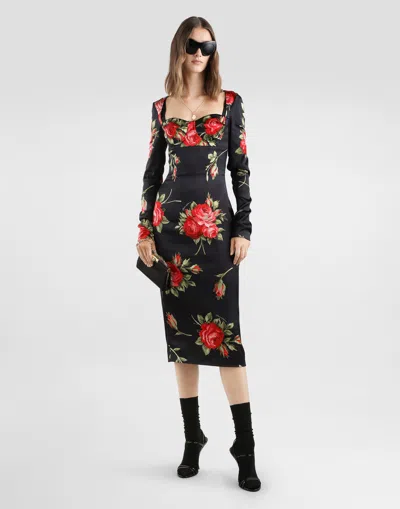 Dolce & Gabbana Rose-print Satin Long-sleeve Midi Dress In Black