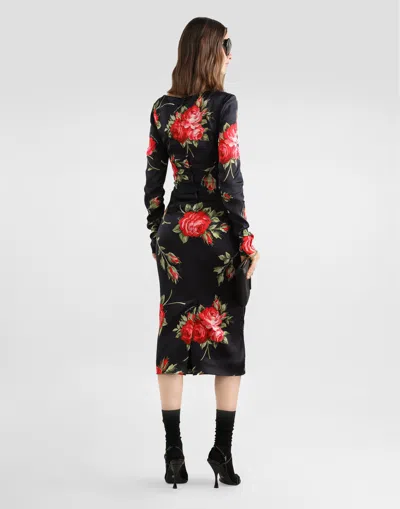Dolce & Gabbana Rose-print Satin Long-sleeve Midi Dress In Black