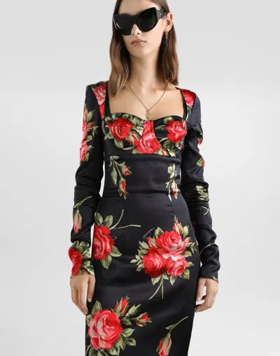 Dolce & Gabbana Rose-print Satin Long-sleeve Midi Dress In Black