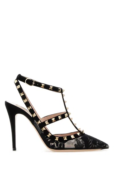Valentino Garavani Valentino Rockstud 100 Lace And Suede Pumps In Black