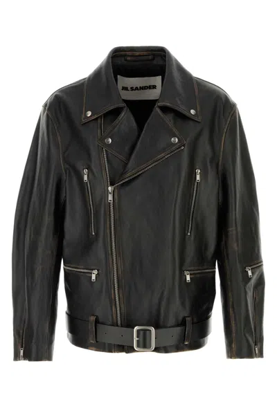 Jil Sander Leather Jacket Featuring Belted Waist And Zip Pockets In Black