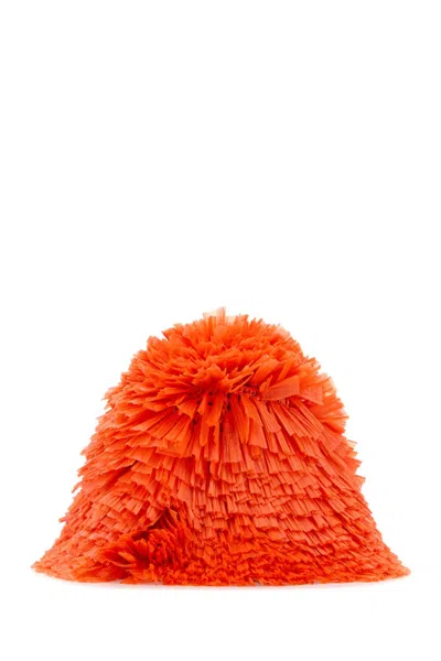 Prada Raffia Bucket Hat With Fringe And Texture In Orange