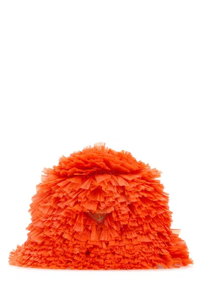 Prada Raffia Bucket Hat With Fringe And Texture In Orange