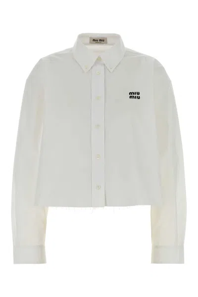 Miu Miu Cropped Long Sleeve Shirt With Point Collar In White