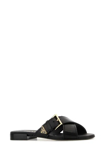 Prada Black Leather Slippers In Black