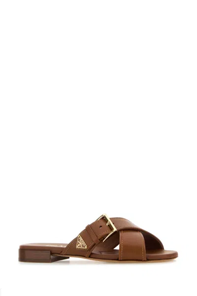 Prada Caramel Leather Slippers In Brown