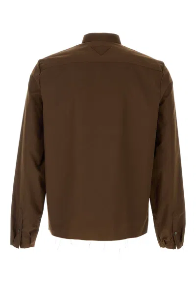 Prada Long Sleeve Poplin Shirt With Chest Pocket In Brown
