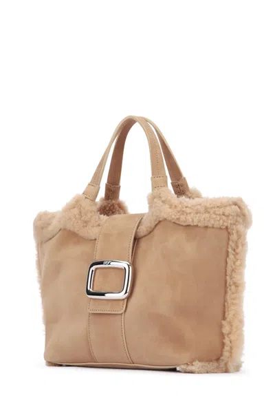 Roger Vivier Mini Leather Tote Bag With Shearling Trim In Neutral