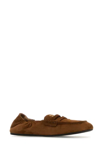 Miu Miu Suede Loafers Flat Sole Gathered Detail In Brown
