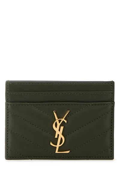 Saint Laurent Bottle Green Nappa Leather Cassandre Card Holder In Brown