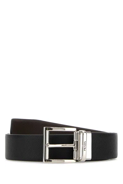 Prada Two-toned Saffiano Leather Reversibile Belt In Black