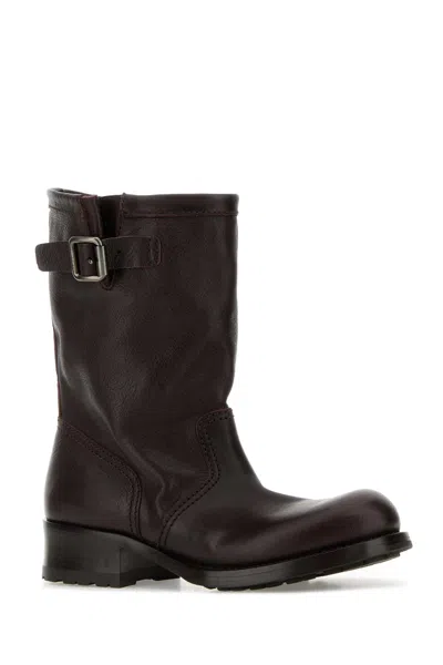 Prada Chocolate Leather Ankle Boots In Brown