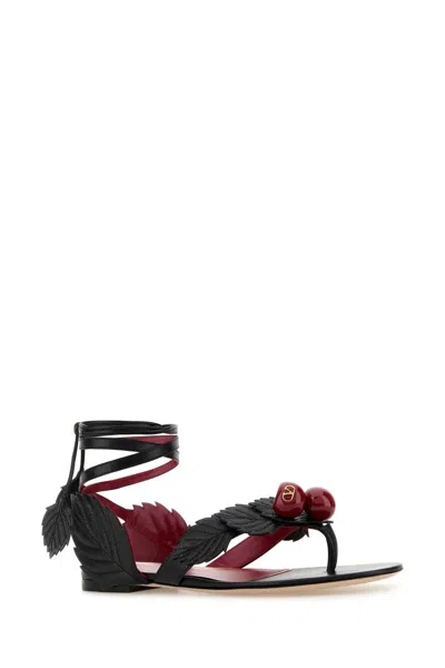 Valentino Leather Cherryfic Thong Sandals Leaf Detail In Black