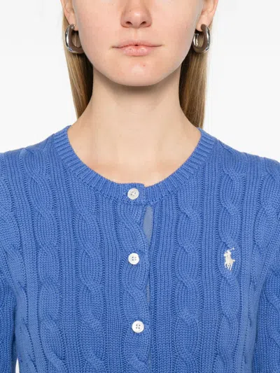 Polo Ralph Lauren Crew Neck Cardigan In Cable-knit Cotton In Blue