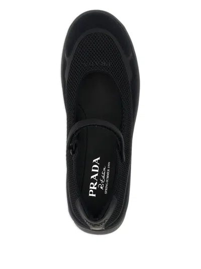 Prada Wavy Mesh Platform Ballerina Shoes In Black