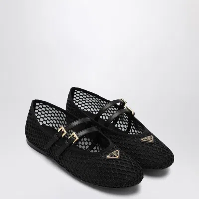 Prada Black Mesh Ballerina With Triangle Logo In Black