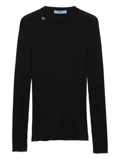 Prada Textured Wool Crewneck Sweater With Long Sleeves In Black