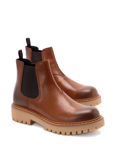Prada Brown Leather Boots With Elastic Side Panels And Durable Sole In Brown