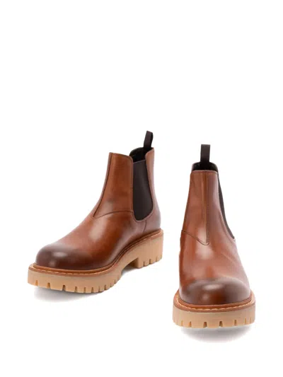 Prada Brown Leather Boots With Elastic Side Panels And Durable Sole In Brown