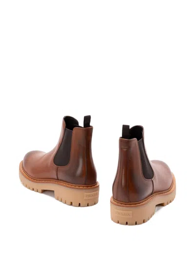 Prada Brown Leather Boots With Elastic Side Panels And Durable Sole In Brown