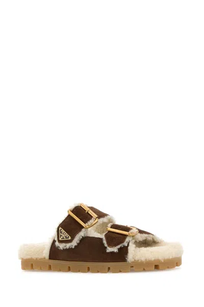 Prada Brown Suede Slippers In Multi