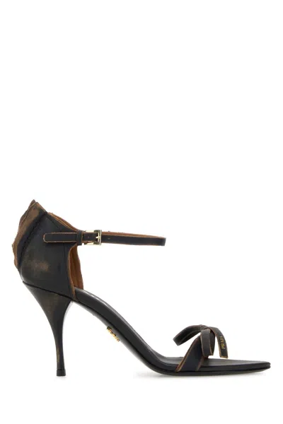 Prada Dark Brown Leather Sandals In Black