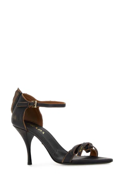 Prada Dark Brown Leather Sandals In Black
