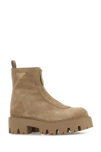 Prada Suede Booties With Zip In Brown