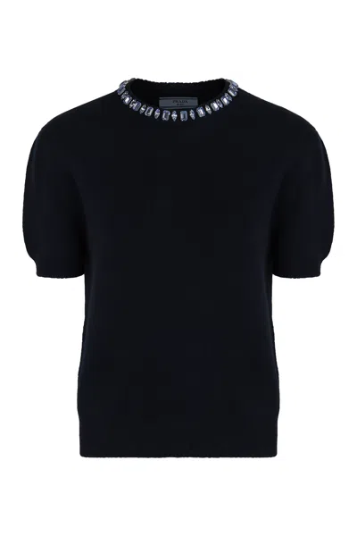 Prada Wool And Cashmere Crewneck Sweater With Jewel Details In Multi