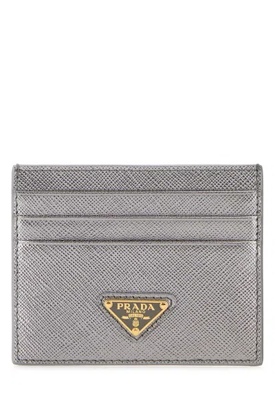 Prada Silver Leather Card Holder In Silver