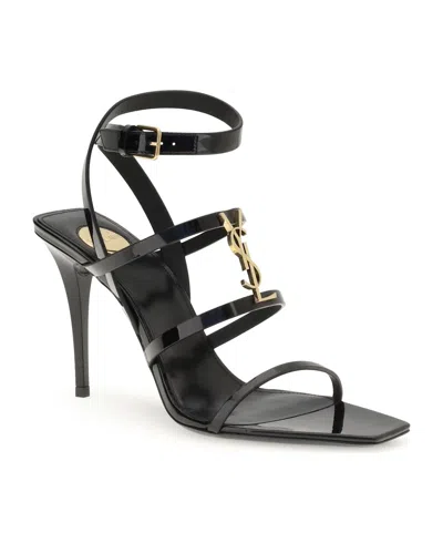 Saint Laurent Cassandra Sandals In Patent Leather In Gray