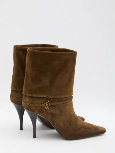 Saint Laurent Niki Suede Ysl Stiletto Ankle Booties In Brown