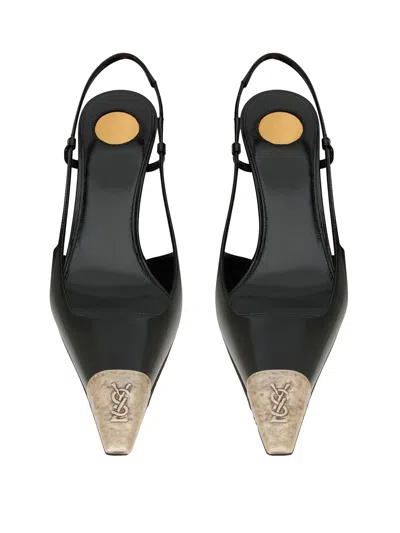 Saint Laurent Jeanne Slingback Pumps In Glazed Leather In Black