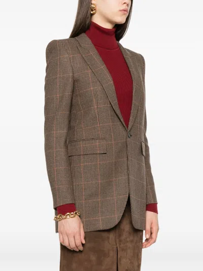 Saint Laurent Plaid Single-breasted Blazer In Brown