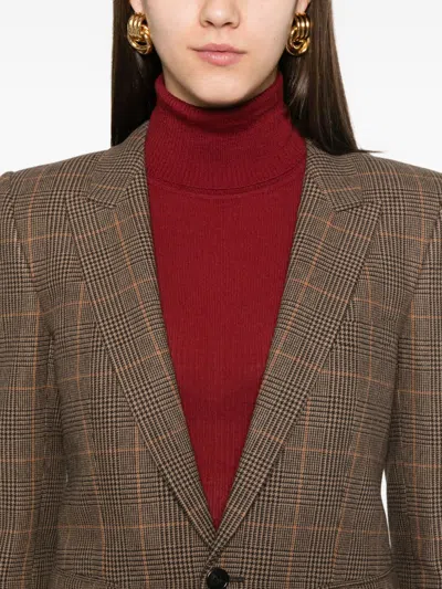 Saint Laurent Plaid Single-breasted Blazer In Brown