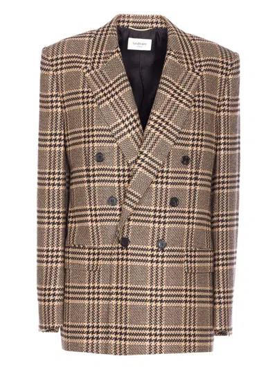 Saint Laurent Brown Double-breasted Jacket With Notched Revers And All-over Check Motif In Wool Woman