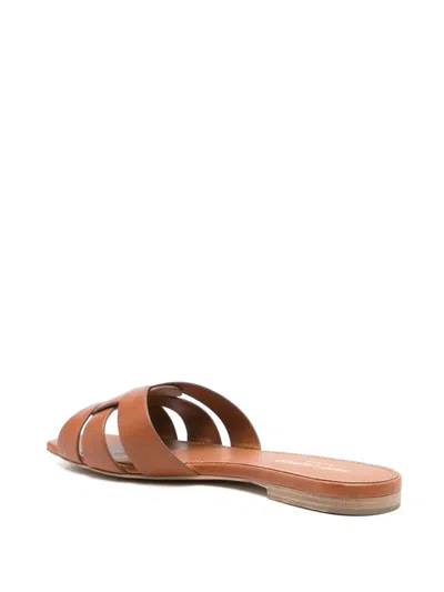 Saint Laurent Tribute Woven Leather Flat Sandals In Brown