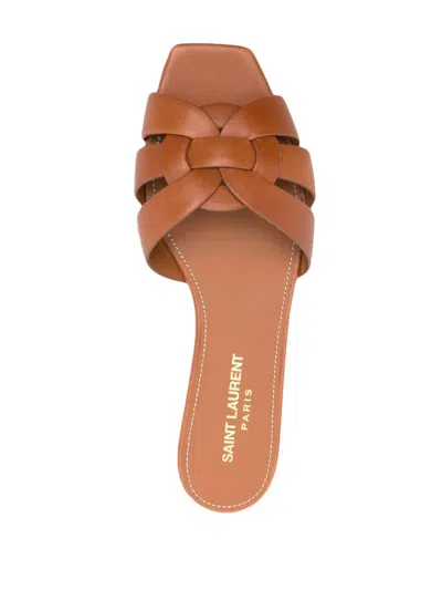 Saint Laurent Tribute Woven Leather Flat Sandals In Brown